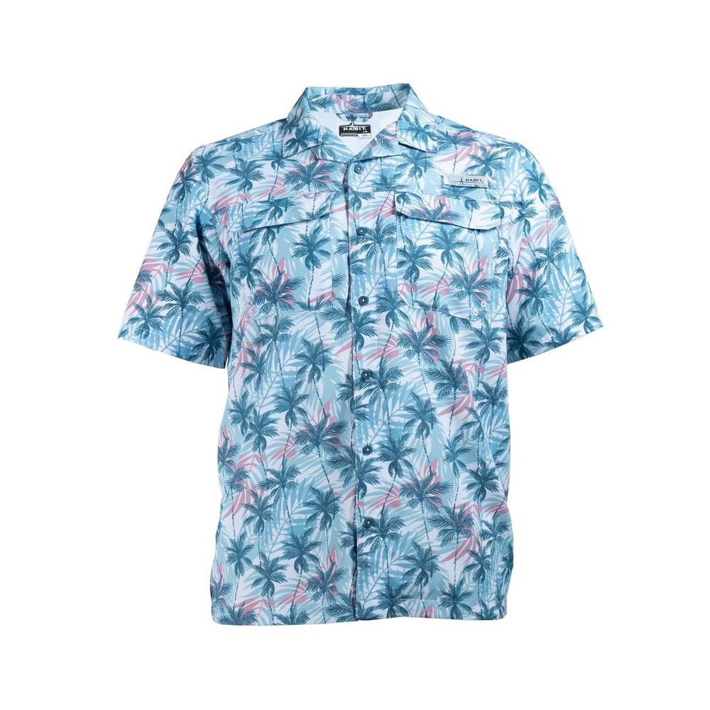 NWT Habit Men's Breaking Dawn Camp Short Sleeve Fishing Shirt Size M Blue